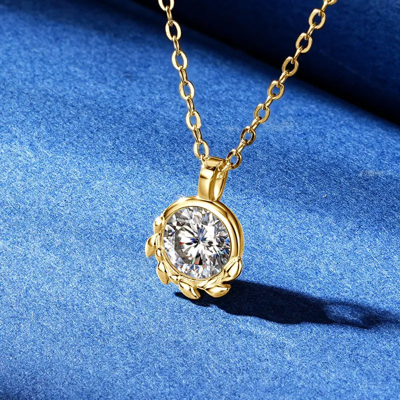 Rrjzz 925 Sterling Silver Exquisite Olive Leaf Pendant Necklace D 6.5mm Round Moissanite Solitaire Women Necklace Jewelry Gift