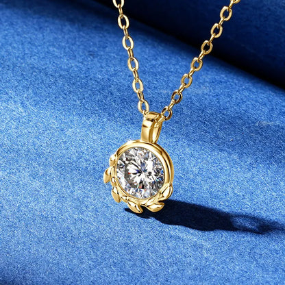 Rrjzz 925 Sterling Silver Exquisite Olive Leaf Pendant Necklace D 6.5mm Round Moissanite Solitaire Women Necklace Jewelry Gift